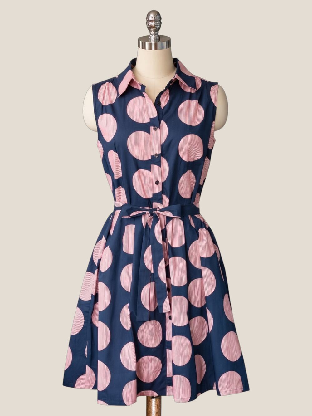 Frock Shop Anthropologie Y2K Navy Pink Polka Dot Swing Shirt Dress Medium